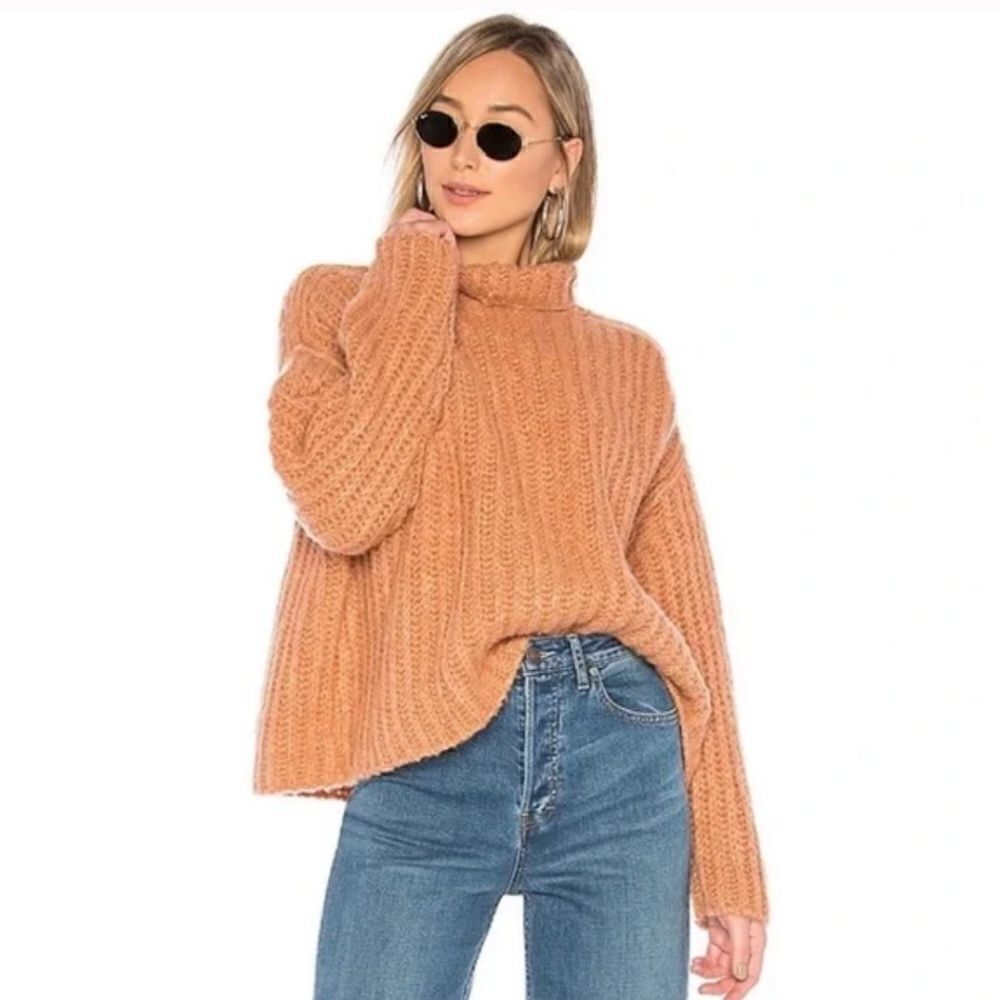 Free People Fluffy Fox Turtleneck Sweater in Papaya Sz Extra Small XS Revolve